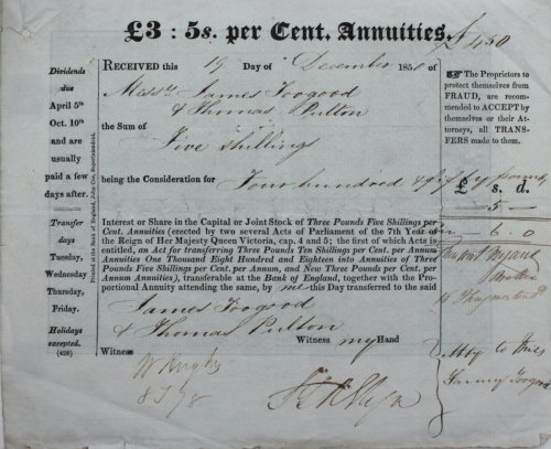 &pound;3: 5s. per Cent Annuities. Received.of Messrs James Toogood & Thomas Pulton the Sum of five shillings being the Consideration for Four hundred & fifty Pounds Interest or Share in the Capital or Joint Stock.
