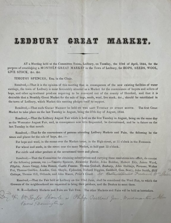 Ledbury Great Market. Resolution &ldquo;That it is the opinion of this meeting that in consequence of the now existing facilities of water carriage, the town of Ledbury is most favourably suited as a Market for the convenience of buyers and sellers of hops, and other agricultural produce.a Monthly G