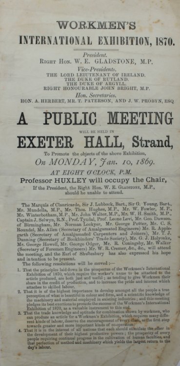 A Public Meeting will be held in Exeter Hall, Strand, to Promote the objects of the above Exhibition. Professor Huxley will occupy the Chair if the President, the Right Hon. W.E. Gladstone, M.P., should he be unable to attend.