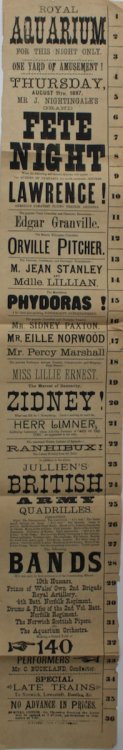 One Yard of Amusement. Mr. J.Nightingale&rsquo;s Grand Fete Night. Sisters Lawrence, the Marvellous Phydoras, 140 performers.
