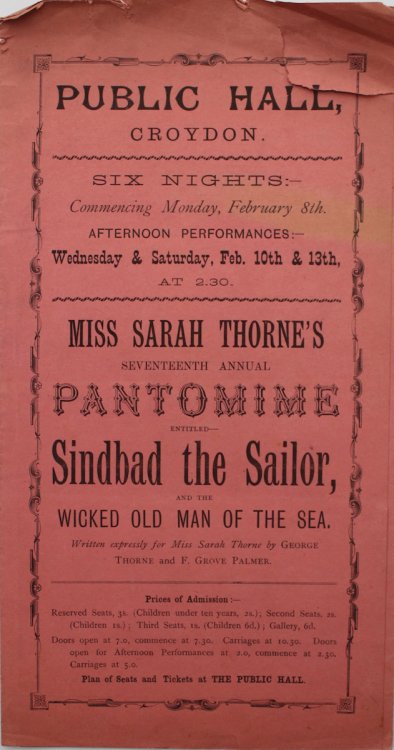 Miss Sarah Thorne&rsquo;s Seventeenth Annual Pantomime Entitled Sindbad the Sailor, and the Old Man of the Sea. Written expressly for Miss Sarah Thorne by George Thorne and F. Grove Palmer.