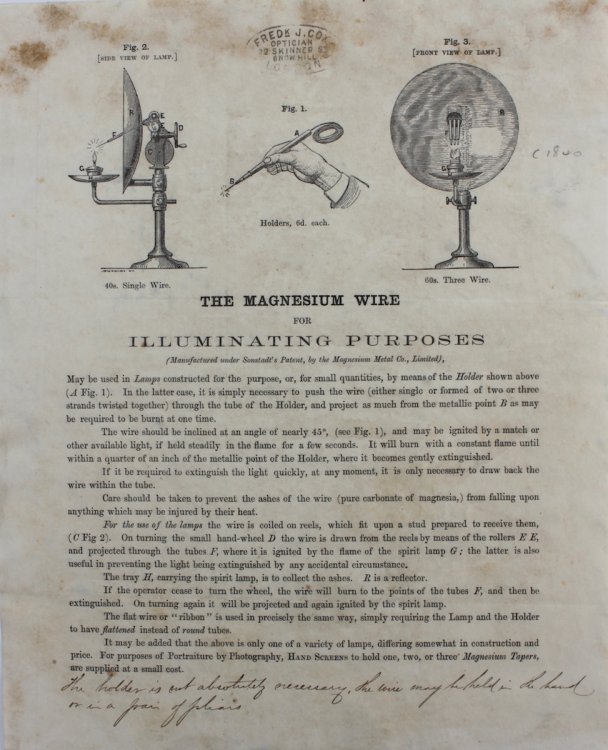 The Magnesium Wire for Illuminating Purposes. (Manufactured under Sonstadt&rsquo;s patent by the Magnesium Metal Co., Ltd)