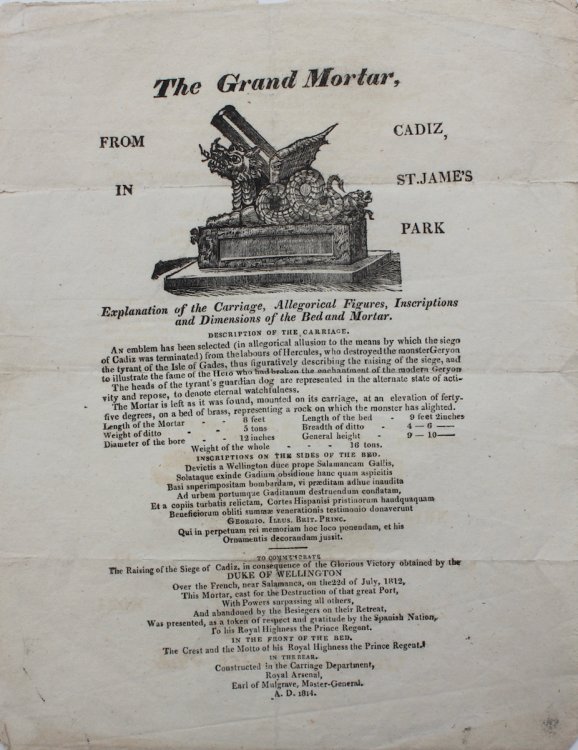 From Cadiz, in St. Jame&rsquo;s [sic] Park. Explanation of the Carriage, Allegorical Figures, Inscriptions and Dimensions of the Bed and Mortar.