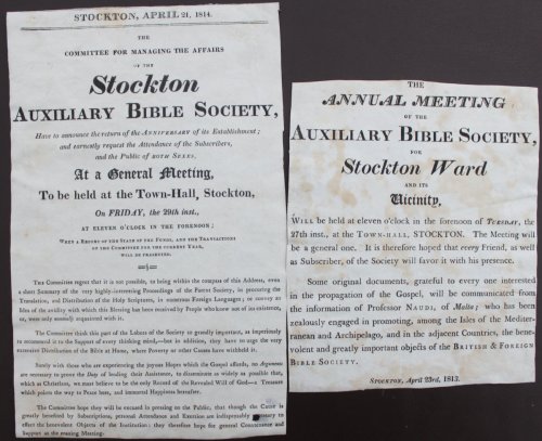 The Stockton Auxiliary Bible Society. [Notice] The Annual General Meeting. April 23rd, 1813. [and] General Meeting to be held.29th inst. [April, 1814].