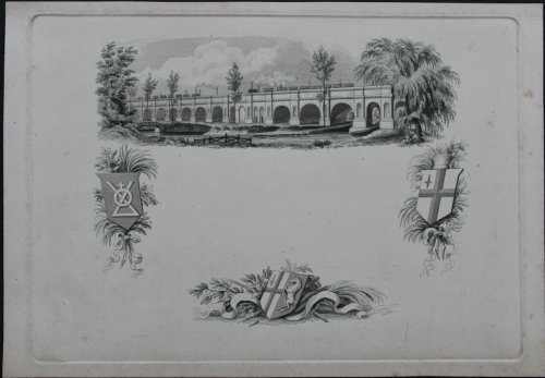 Engraved card with viaduct.