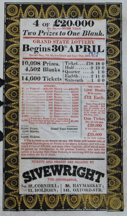 4 of &pound;20,000 &c, &c, - More than Two Prizes to One Blank. Grand State Lottery Begins 30th April.