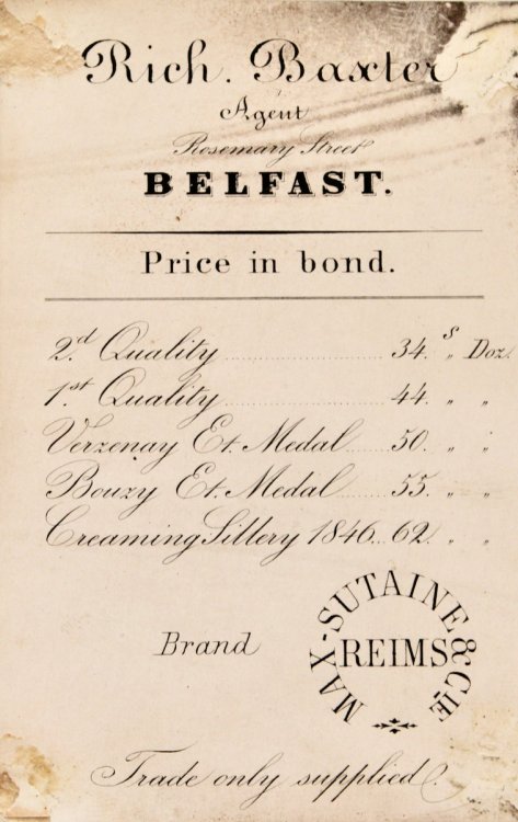[Champagne] Ch. Farre, Successeur de la Maison Max Sutaie & Co., Reims en Champagne. Richard Baxter, agent, Rosemary Street, Belfast.