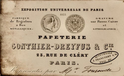 Papeterie Conthier-Dreyfus & Cie. 23 Rue de Cl&eacute;ry, Paris. Fabrique de R&eacute;gistres &agrave; Dos M&eacute;talliques, Gravure sur Pierre, Cuivre et Lithographie.