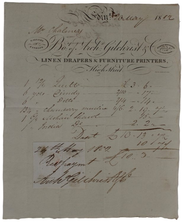 Linen Draper & Furniture Printers. Gallery of Fashion. Family Mournings furnished on the Lowest Terms.