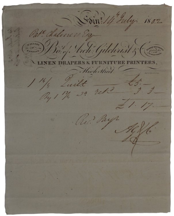 Linen Draper & Furniture Printers. Gallery of Fashion. Family Mournings furnished on the Lowest Terms.