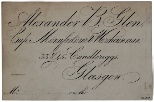 Cap Manufacturer & Warehouseman. 33 & 45 Candleriggs, Glasgow.
