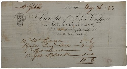 John Vindine, Oil & Colourman, No. 21 Knightsbridge (Near Cannon Brewhouse.) Colours prepared for Painting.