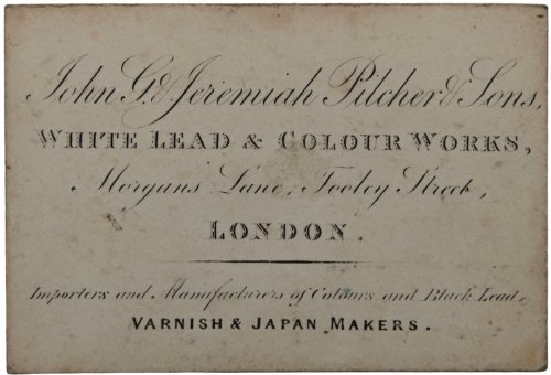 White Lead & Colour Works, Morgans Lane, Feeley Street, London. Importers and Manufacturers of Colours and Black LKead, Varnish & Japan Makers.