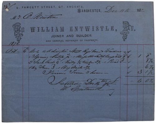 Image for Joiner and Builder, and General Repair of Property. 9, Fawcett Street, Gt. Ancoats, Manchester. Joiner and Builder, and General Repair of Property. 9, Fawcett Street, Gt. Ancoats, Manchester.