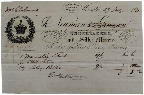 Undertakers, and Silk Mercers, a Select Assortment of Family Mourning. Irish Linens, Sheetings, Muslins, Flannels, Callicos, Long Cloths, &c. Hoseiery, Gloves, Ribbons, Nets, &c. 86, High Street, near the Guildhall, Worcester.