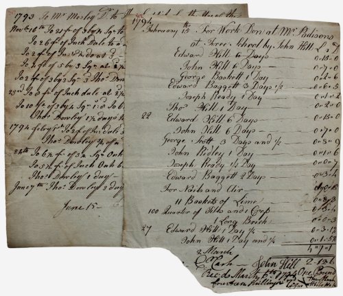 Image for Two Manuscript Receipted Invoices for work done John Hill drawn to Thomas Caddick, Mr Padison and others for the Free School. Two Manuscript Receipted Invoices for work done John Hill drawn to Thomas Caddick, Mr Padison and others for the Free School.