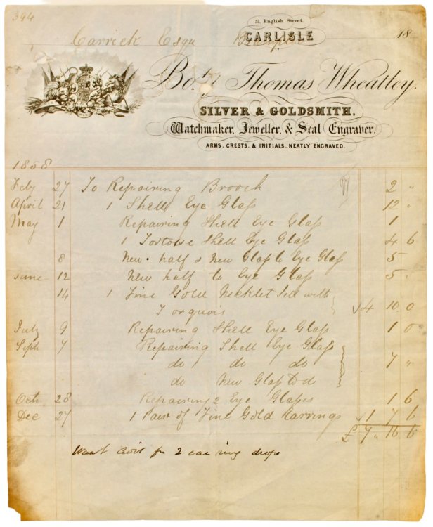 Image for Silver & Goldsmith, Watchmaker, Jeweller & seal Engraver. Arems, Crests & Initials Neatly Engraved. 31 English Street, Carlisle. Silver & Goldsmith, Watchmaker, Jeweller & seal Engraver. Arems, Crests & Initials Neatly Engraved. 31 English Street, Carlisle.