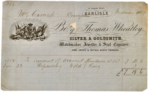Image for Silver & Goldsmith, Watchmaker, Jeweller & seal Engraver. Arems, Crests & Initials Neatly Engraved. 31 English Street, Carlisle. Silver & Goldsmith, Watchmaker, Jeweller & seal Engraver. Arems, Crests & Initials Neatly Engraved. 31 English Street, Carlisle.