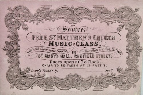 Image for Soiree. Will hold their first soiree on Tuesday evening, 20th inst. in St. Mary’s Hall, Renfield Street. Lady’s Ticket. 1/- Soiree. Will hold their first soiree on Tuesday evening, 20th inst. in St. Mary’s Hall, Renfield Street. Lady’s Ticket. 1/-
