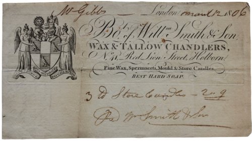 Wax & Tallow Chandlers, No. 41, Red Lion Street, Holborn. Fine Wax, Spermaceti, Mould & Store Candles. Best Hard Soap.