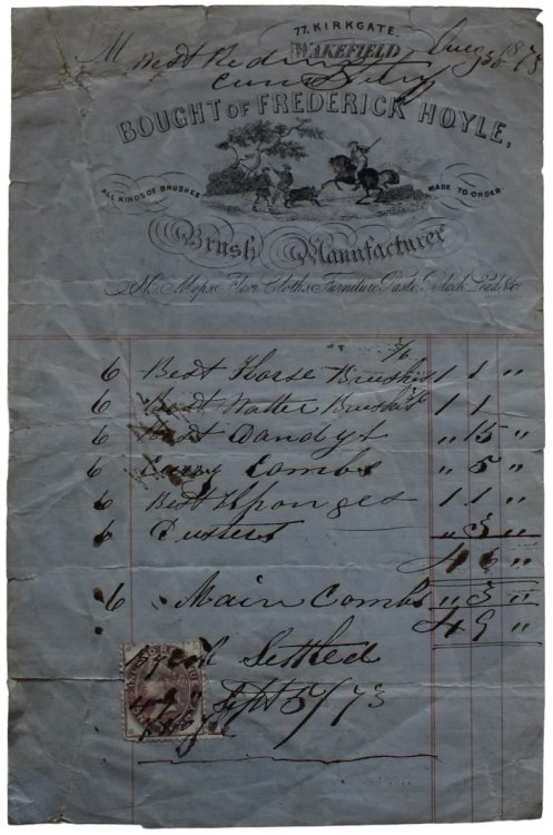 Brush Manufacturer. All kinds of brushes made to order. n.b. Mops, Floor Cloths, Furniture Paste, Black Lead, &c. 77, Kirkgate, Wakefield.