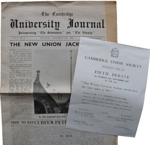 Fifth Debate on Tuesday, 21st November, 1939. &ldquo;That Women University Students should have the same rights as Men&rdquo; [with] The University Journal for November 25, 1939.