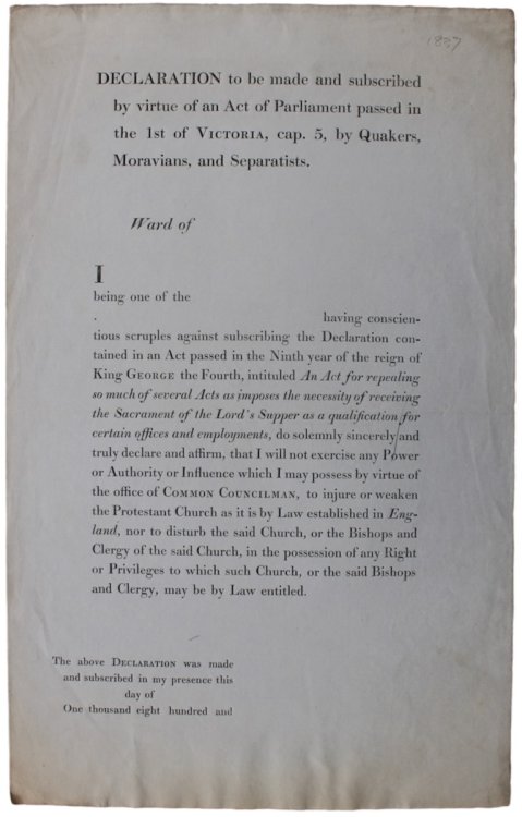 Declaration to be made and subscribed by virtue of an Act of Parliament passed in the 1st of Victoria, cap. 5 by Quakers, Moravians and Separatists.