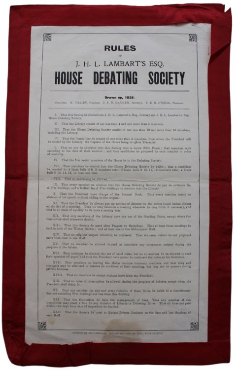 Rules of J.H.L. Lambart&rsquo;s Esq. House Debating Society. Drawn up, 1928.
