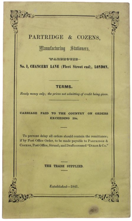 List of Prices. Partridge & Cozens, Wholesale and Retail Stationers, and Steel Pen Manufacturers.