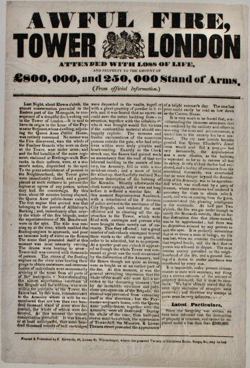 Awful Fire, Tower of London. Attended with Loss of Life, and Property to the Amount of &pound;800,000, and 250,000 Stand of Arms. (From official information.)