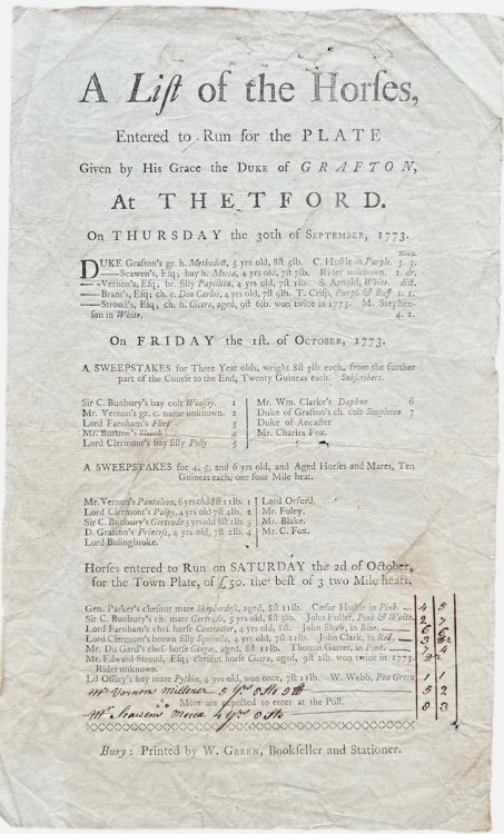 A List of Horses Entered to Run for the Plate Given by His Grace the Duke of Grafton, at Thetford. On Thursday the 30th of September, 1773. On Friday 1st of October 1773. On Saturday the 2nd October.