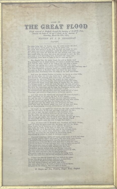 Lines on the Great Flood, Which occurred at Sheffield Through the Bursting of the Bradfield Dam, betwixt the hours of 12 and 1 o&rsquo;clock, on the Morning of Saturday, March the 12th, 1864.