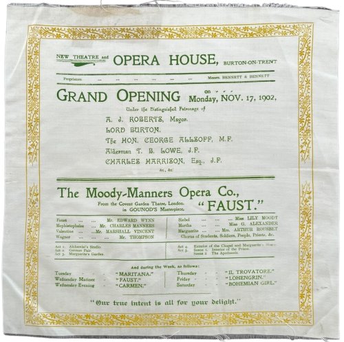 Grand Opening. The Moody Manners Opera Co., from the Covent Garden Theatre London, in Gounod&rsquo;s Masterpiece &ldquo;Faust.&rdquo;