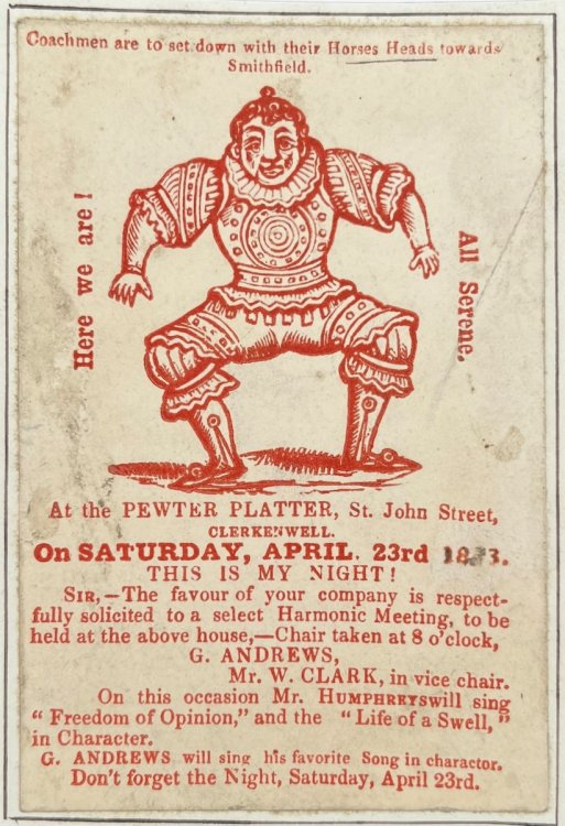 At the Pewter Platter, St. John Street, Clerkenwell. On Saturday, April 23rd. 1873. Chair Taken at 8 o&rsquo;clock by Mr. Andrews.