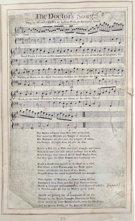The Doctor&rsquo;s Song. Sung by Mr. Andrews at Sadler&rsquo;s Wells in Harlequin Quack.