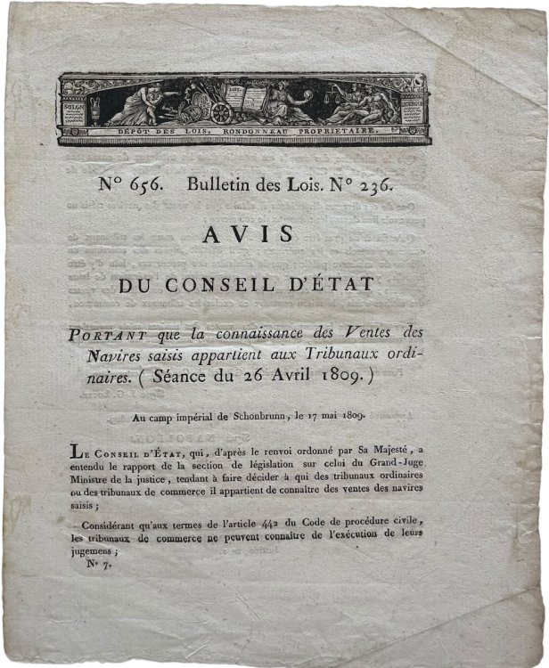 Avis du Conseil d&rsquo;&Eacute;tat Portant que la connaissance des Ventes des Navires saisis appartient aux Tribunaux ordinaires.
