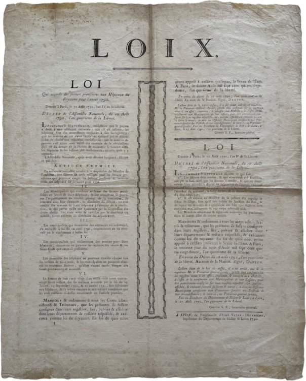 Loix Qui Accorde des Secours Provisoires aux H&ocirc;pitaux du Royaume pour l&rsquo;ann&eacute;e 1792.