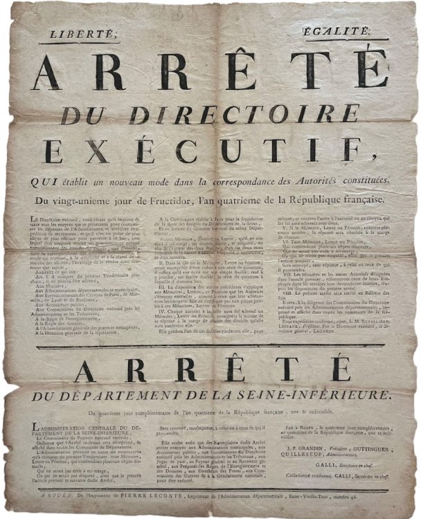Arr&ecirc;t&eacute; du Directoire Ex&eacute;cutif, qui &eacute;tablit un nouveau mode dans la correspondance des Autorit&eacute;s constitu&eacute;es.