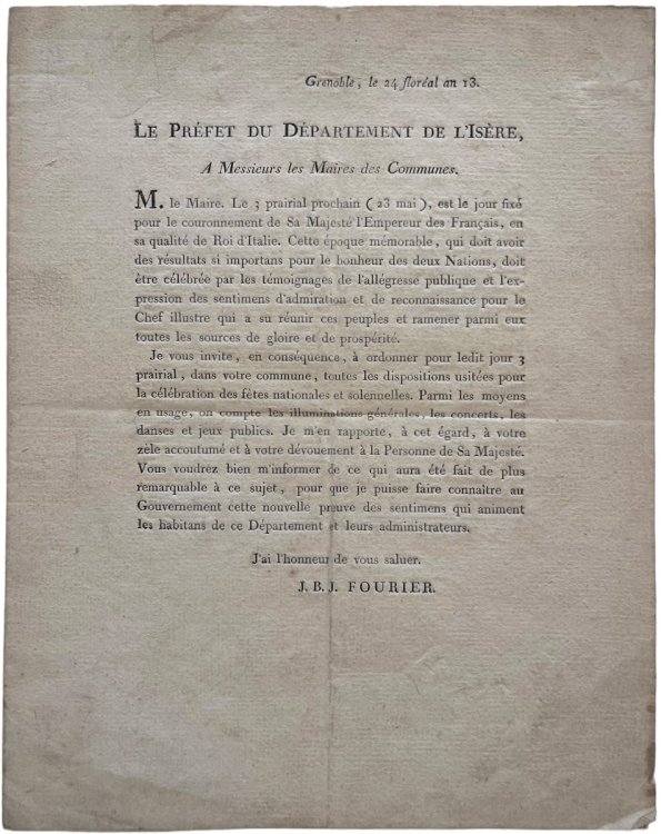 Le Pr&eacute;fet du D&eacute;partment de l&rsquo;Is&egrave;re, a Messieurs le Maires des Communes.