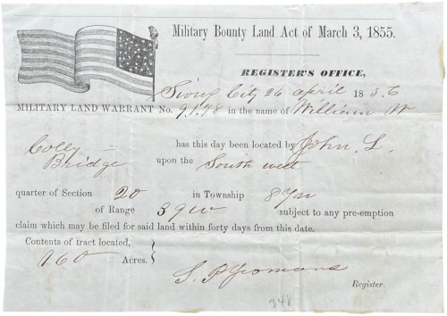 Military Bounty Land Act of March 3, 1855. Military Land Warrant for Grant of Land in the name of William Colley.