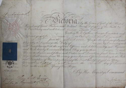 Commission for James Stewart, Esquire to hold the Rank of Captain in the Queen&rsquo;s Army, in the East Indies only. Signed by Hugh Gough, Commander in Chief, East Indies.