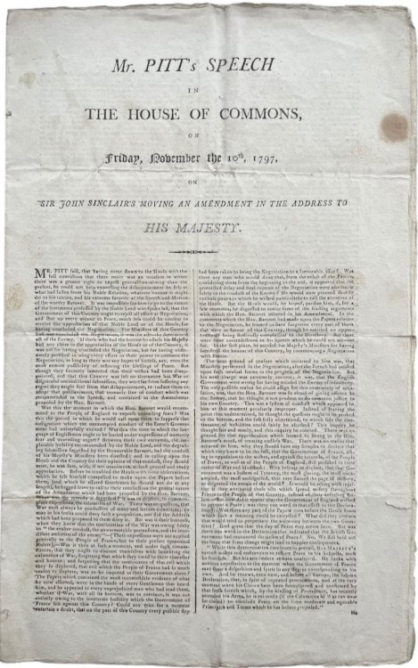 Mr. Pitt&rsquo;s Speech in the House of Commons on Friday, November the 10th, 1797, on Sir John Sinclair&rsquo;s Moving an Amendment in the Address to His Majesty.