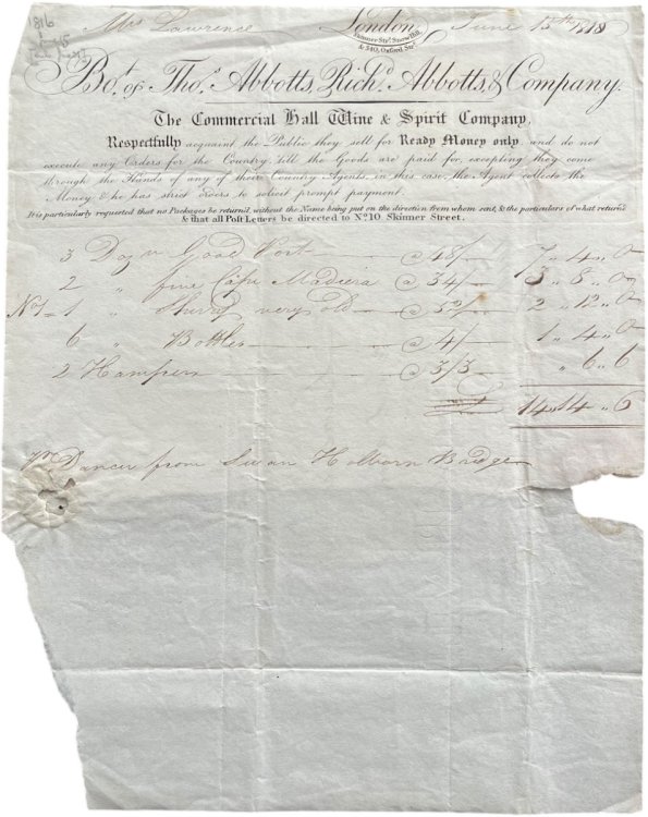 Invoice from the Commercial Hall Wine & Spirit Company.