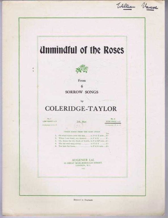 Image for Unmindful of the Roses (from 6 Sorrow Songs). Op. 57, No. 5. No. 2 High Voice in E, compass B to E Unmindful of the Roses (from 6 Sorrow Songs). Op. 57, No. 5. No. 2 High Voice in E, compass B to E