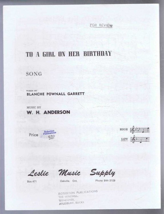 Image for To a Girl, On Her Birthday, Song. Low range, F Major. Middle C to D. No. 7025 To a Girl, On Her Birthday, Song. Low range, F Major. Middle C to D. No. 7025
