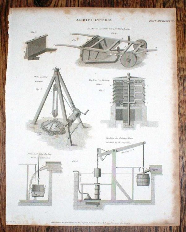 Engraved Plate from C19 Agricultural Book showing Lifting and Leveling Machinery
