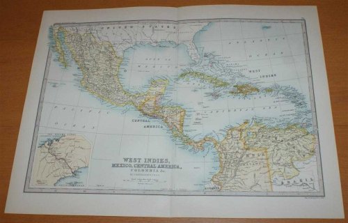 Map of the West Indies, Mexico and Central America - Sheet 75 disbound from the 1890 'The Library Reference Atlas of the World' including the Gulf of Mexico, the Caribbean Sea and the Panama Canal