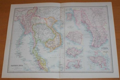 Map of 'Farther India' (Siam, Burma, Anam, Tonquin, etc.) - Sheet 50 disbound from the 1890 'The Library Reference Atlas of the World' covering modern day Thailand, Vietnam, Cambodia, Laos, Malaysia and Myanmar