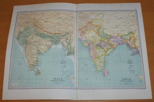 Map of 'India, Physical and Political' - Sheet 45 disbound from the 1890 'The Library Reference Atlas of the World' including Ceylon (Sri Lanka), Nepal, Bhutan and modern day Bangladesh