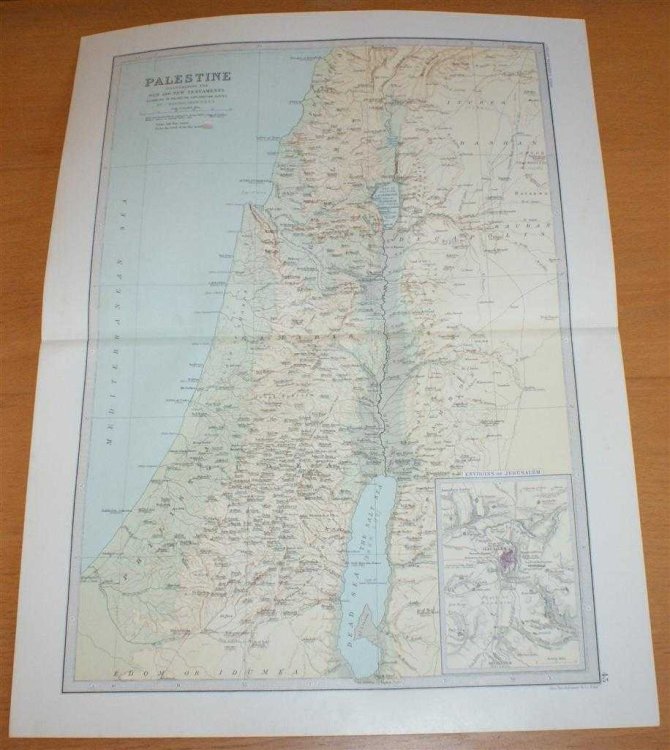 Map of Palestine - Sheet 43 disbound from the 1890 'The Library Reference Atlas of the World' from Surafend (Sarafand) to the Dead Sea, including Tyre, Jerusalem and Beersheba
